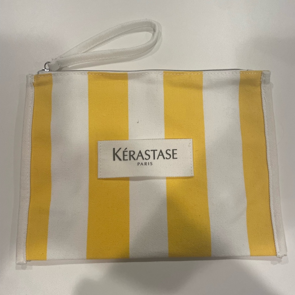 Kérastase Yellow and White Striped Pouch wristlet makeup bag tote 10” x 4”